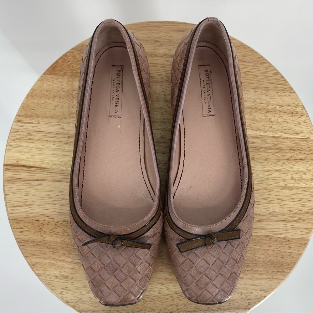 Bottega Veneta Leather Intrecciato Bow Ballet Flats Nude Pink
